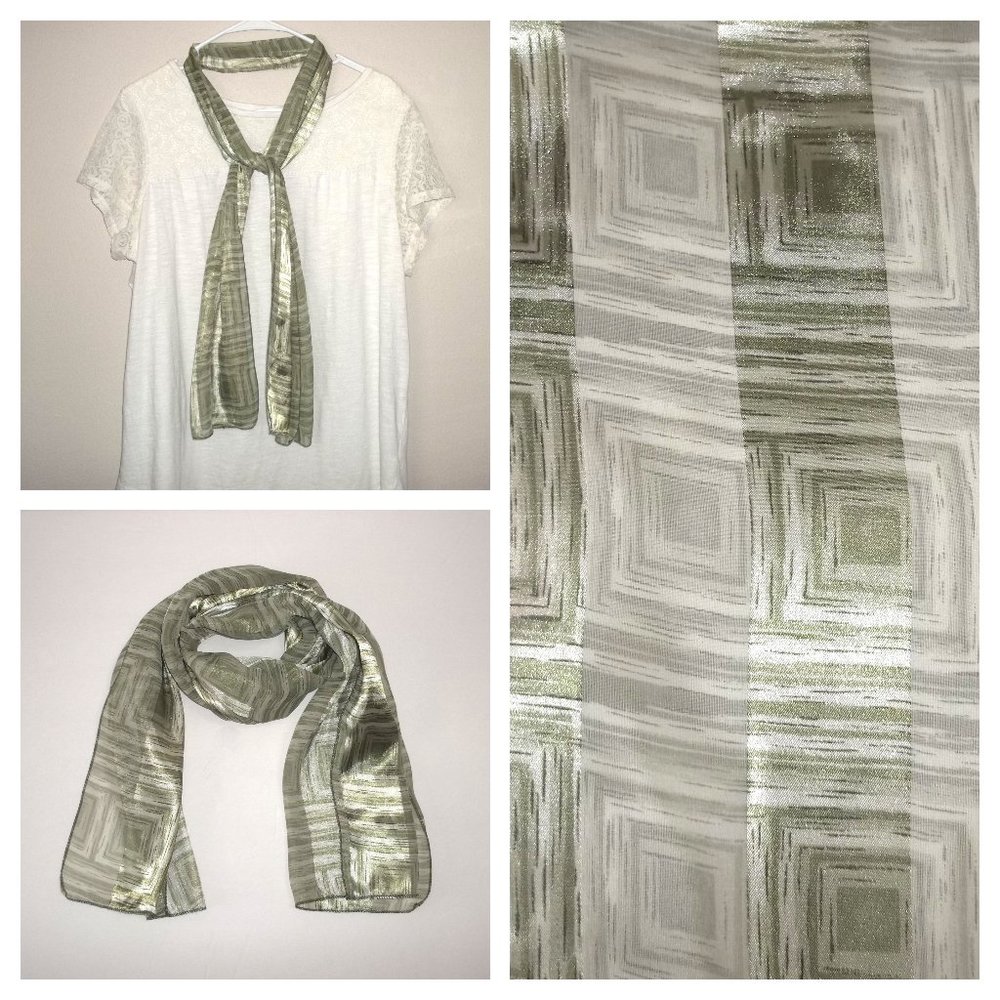 Scarf Olive Green Geometrical Squares Lines Lightweight Long Accessory Woman S21